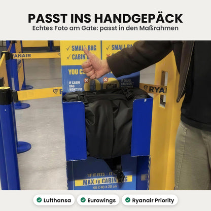 Expandura Pro im Handgepäck-Maßrahmen am Gate: passt ins Handgepäck