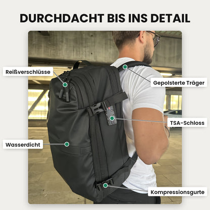 Expandura Pro am Rücken getragen: Reißverschlüsse, wasserdichtes Material, gepolsterte Träger, TSA-Schloss, Kompressionsgurte