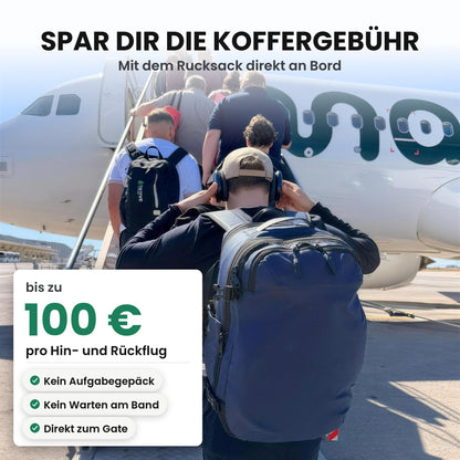 Reisender mit Expandura Pro beim Einsteigen ins Flugzeug: bis zu 100 € Koffergebühr pro Hin- und Rückflug sparen