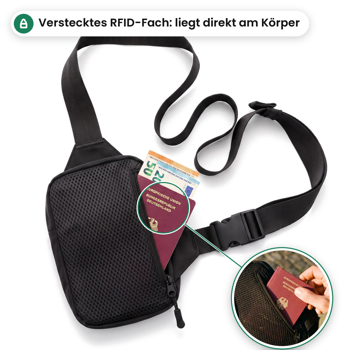 Verstecktes RFID-Rückenfach der Expandura Safe mit Reisepass