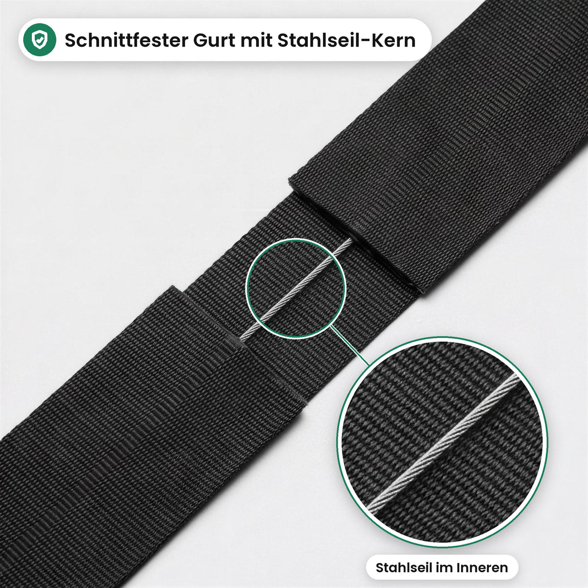 Schnittfester Gurt der Expandura Safe mit Stahlseil-Kern