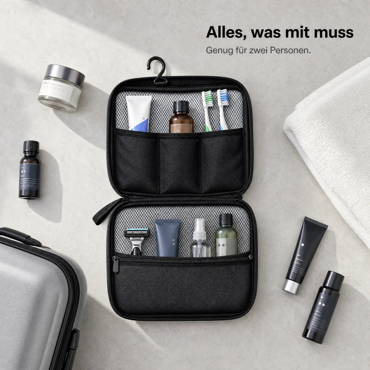 Expandura Kulturtasche hängend mit Zahnbürsten, Tuben und Fläschchen