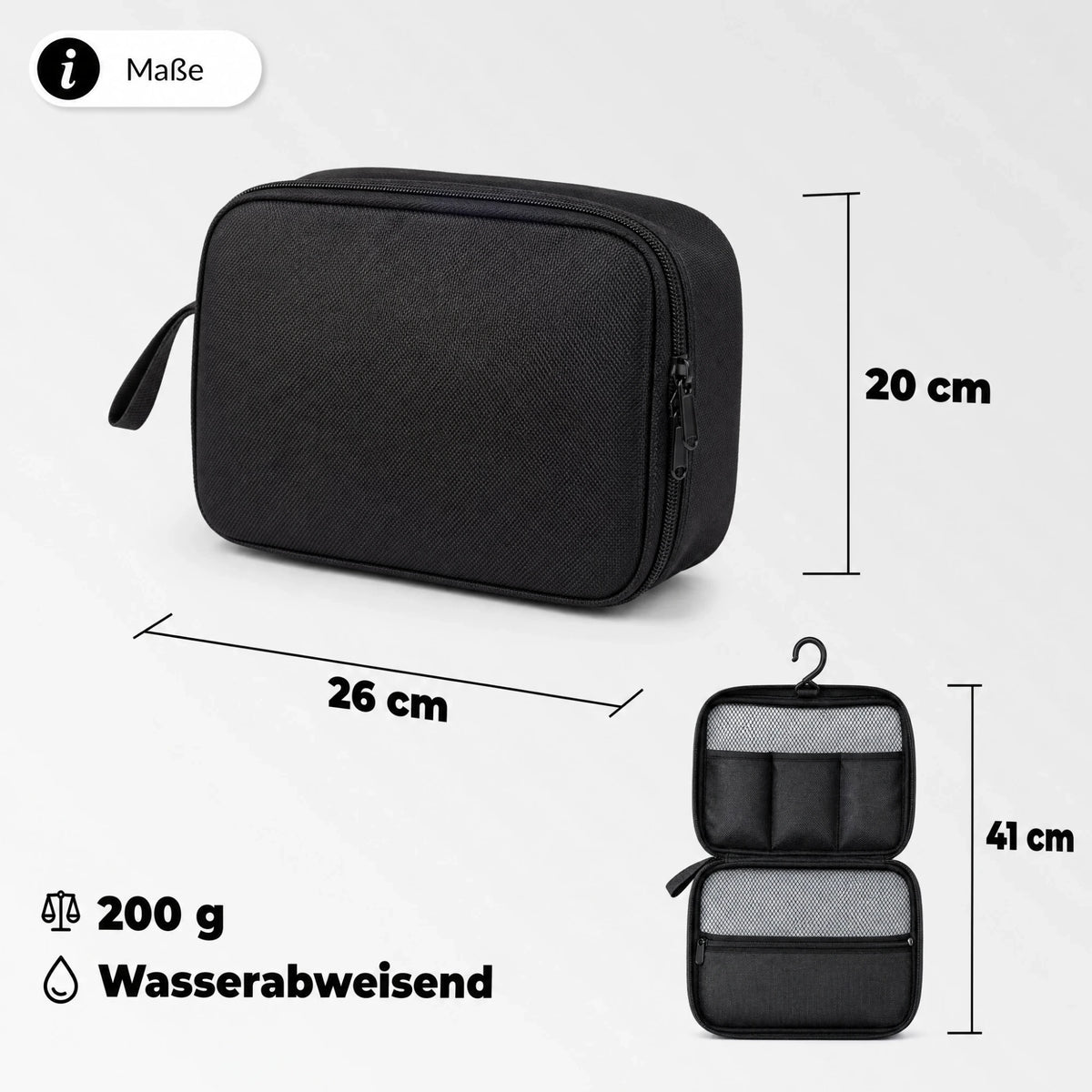 Maße der Expandura Kulturtasche: 26 × 20 cm, aufgeklappt 41 cm