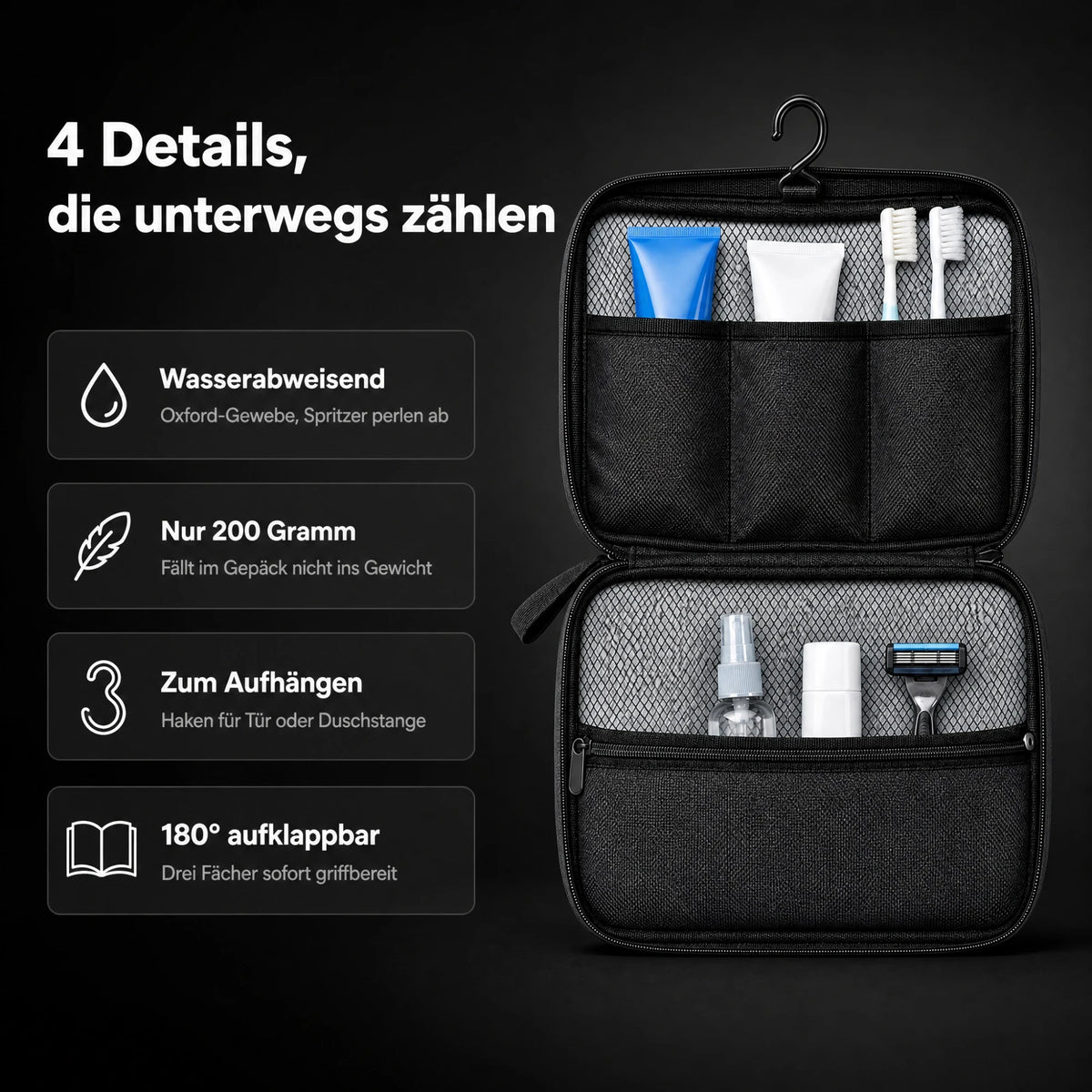 Details der Expandura Kulturtasche: wasserabweisend, 200 g, Haken, 180° aufklappbar