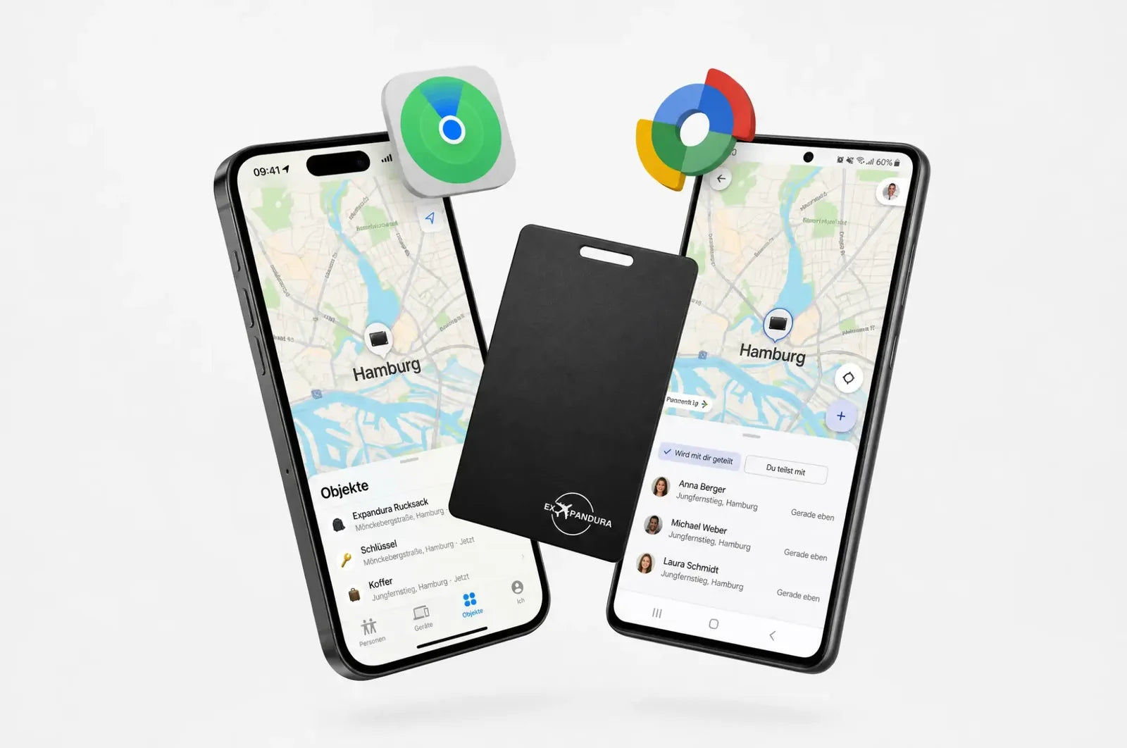 Expandura Tracker Karte in der Apple Wo-ist-App und in Google Find Hub